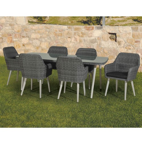 Grigio τραπεζαρία 7 τεμάχια wicker με σκελετό αλουμινίου σε γκρι λευκό χρώμα