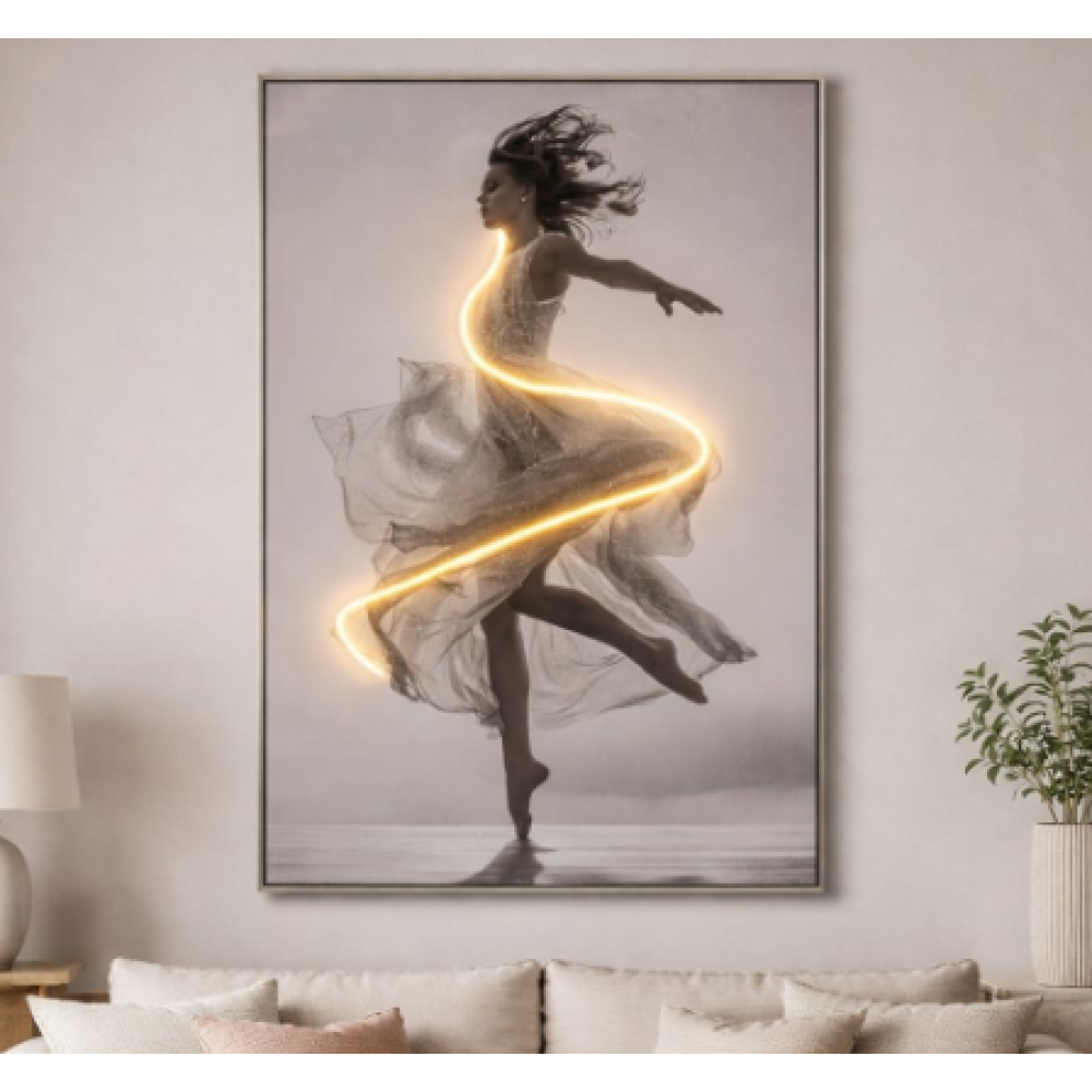 Πίνακας μπαλαρίνα με led φως σε τυπωμένο καμβά με κορνίζα ασημί