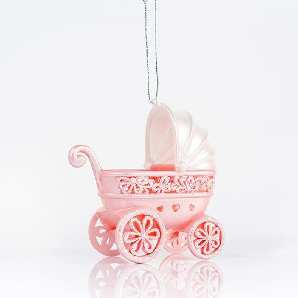 Στολίδι καρότσι ροζ με glitter 11cm Στολίδι καρότσι ροζ με glitter 11cm
