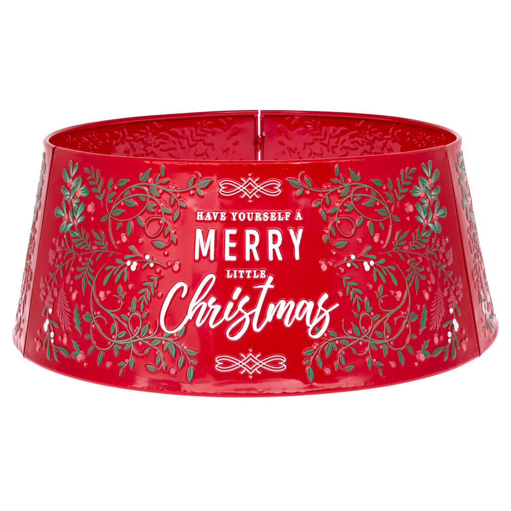Ποδιά δέντρου κόκκινη μεταλλική Merry Christmas Φ65x25,5εκ Ποδιά δέντρου κόκκινη μεταλλική Merry Christmas Φ65x25,5εκ