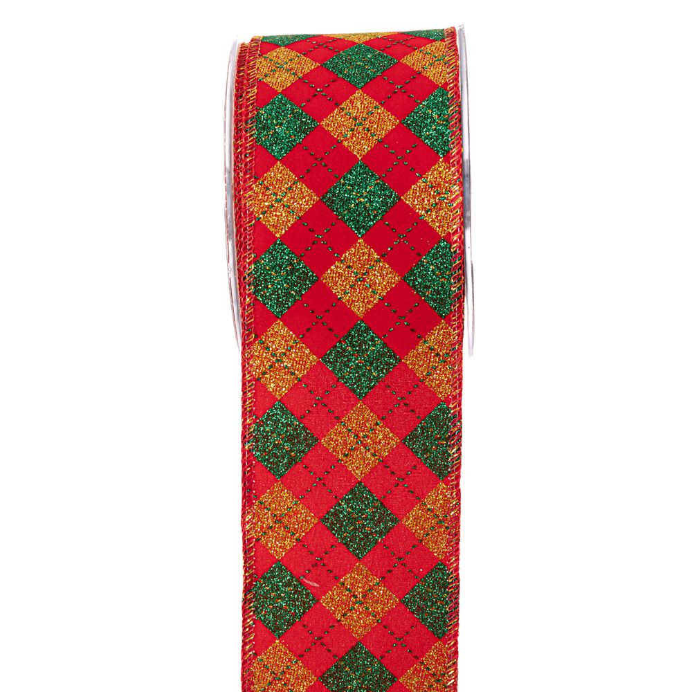 Κορδέλα velvet argyle κόκκινο/πράσινο strass pattern 6,7cmx9m