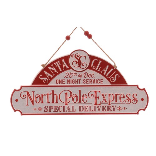 Κόκκινη μεταλλική ταμπέλα North Pole Express 34cm