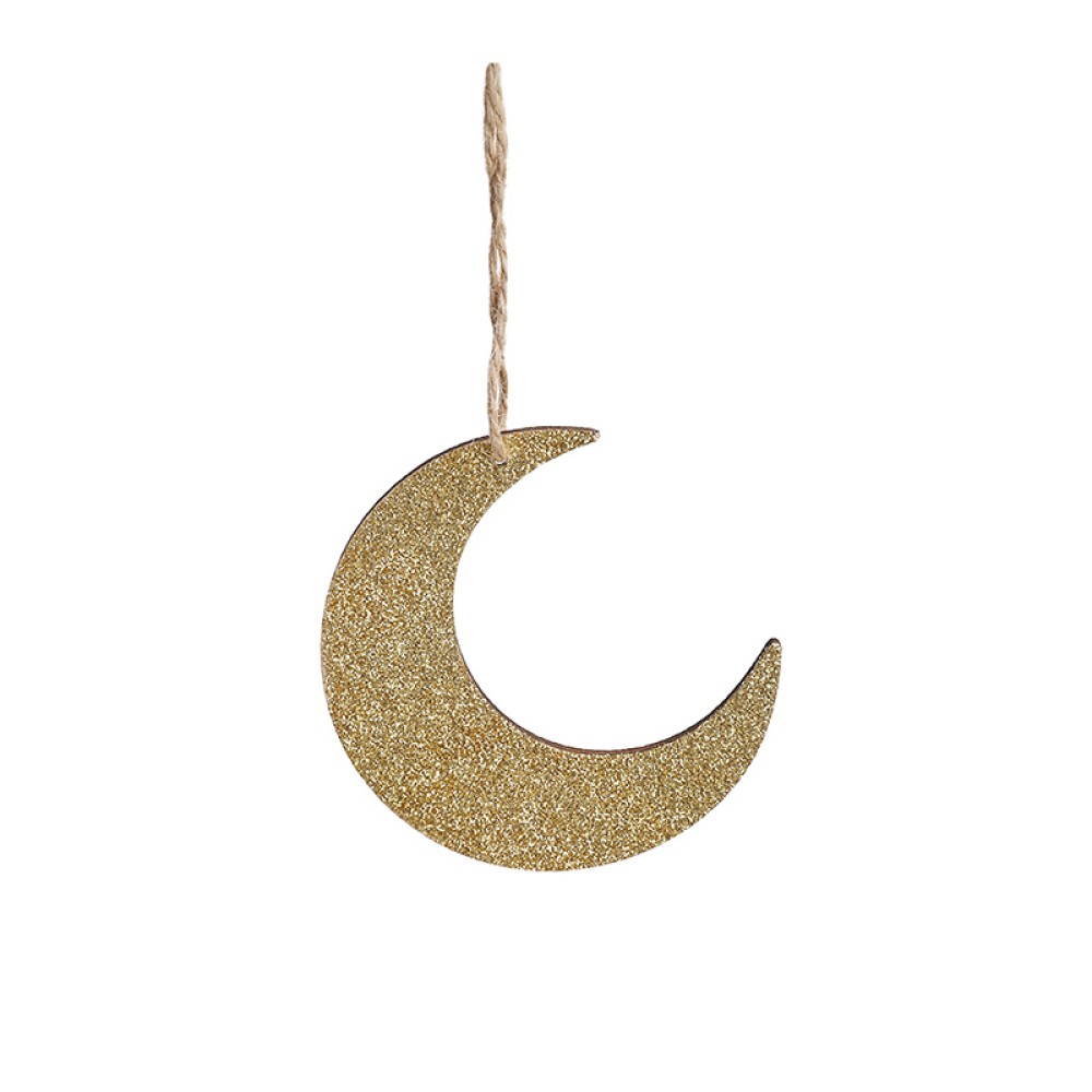 Στολίδι ξύλινο φεγγάρι με χρυσό glitter 10cm