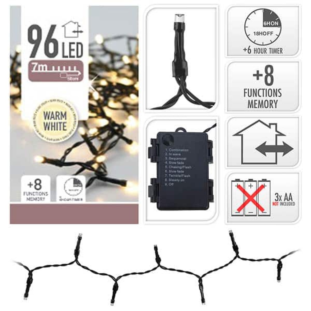 96 λαμπάκια led μπαταρίας με πρόγραμμα πράσινο καλώδιο θερμό φως
